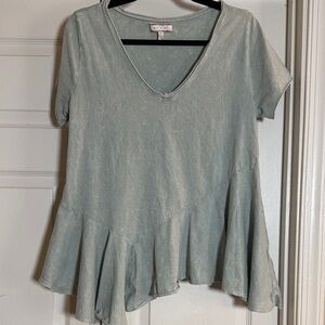 Eri + Ali Light Blue Acid-wash V-Neck Peplum Asymmetrical Top